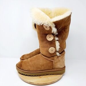 UGG Bailey Triplet Womens 6 Boot Chestnut Brown Suede Tall Winter Button Pull On